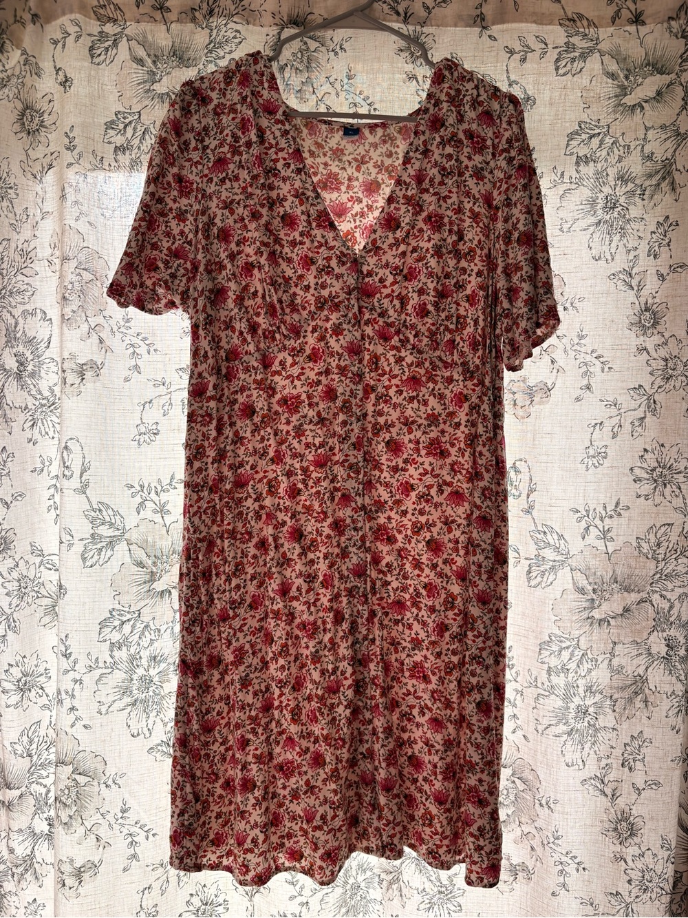 Old Navy Cream Midi Dress with Red Rose Print